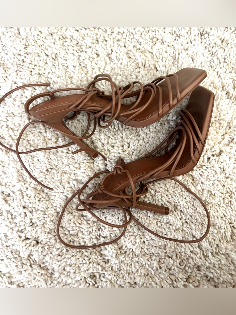 Lace-Up Tan Square Toe Strappy Heels